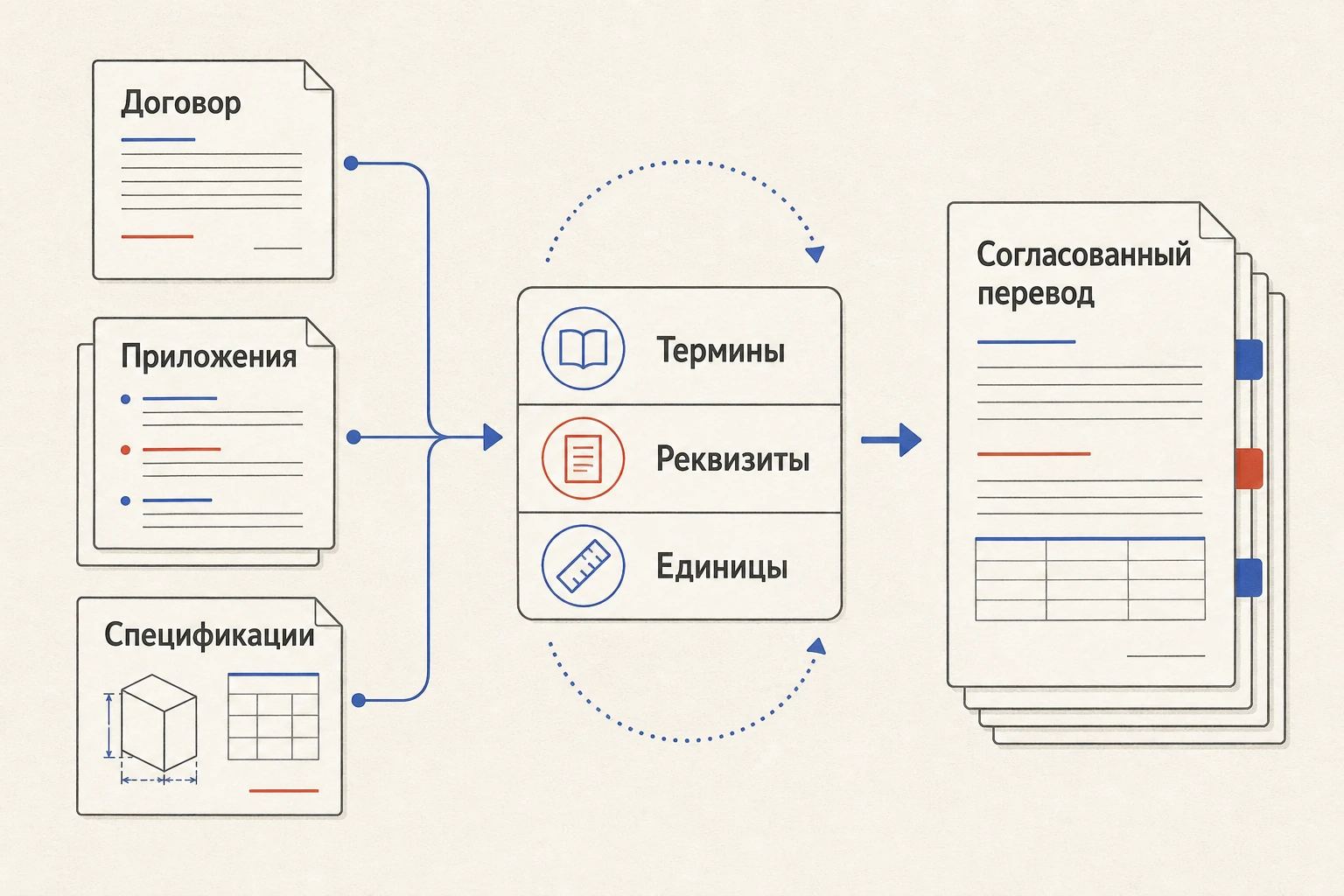 Схема: договор, приложения и спецификации проходят через единый контроль терминов, реквизитов и единиц к согласованному переводу.