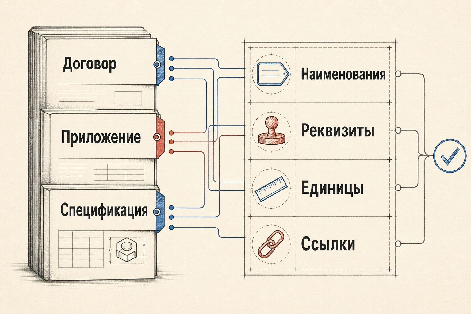 Схема сопоставления наименований, реквизитов, единиц и ссылок между договором, приложением и спецификацией.