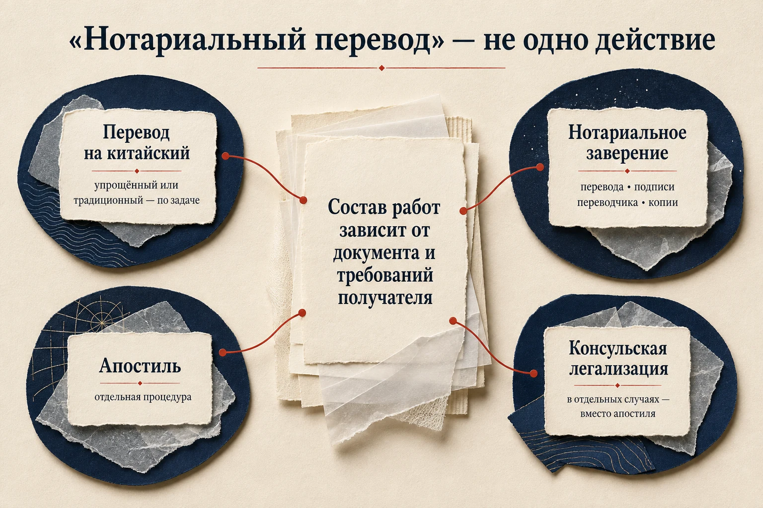 Схема возможных действий: перевод на китайский, нотариальное заверение, апостиль и консульская легализация; выбор зависит от документа и требований получателя