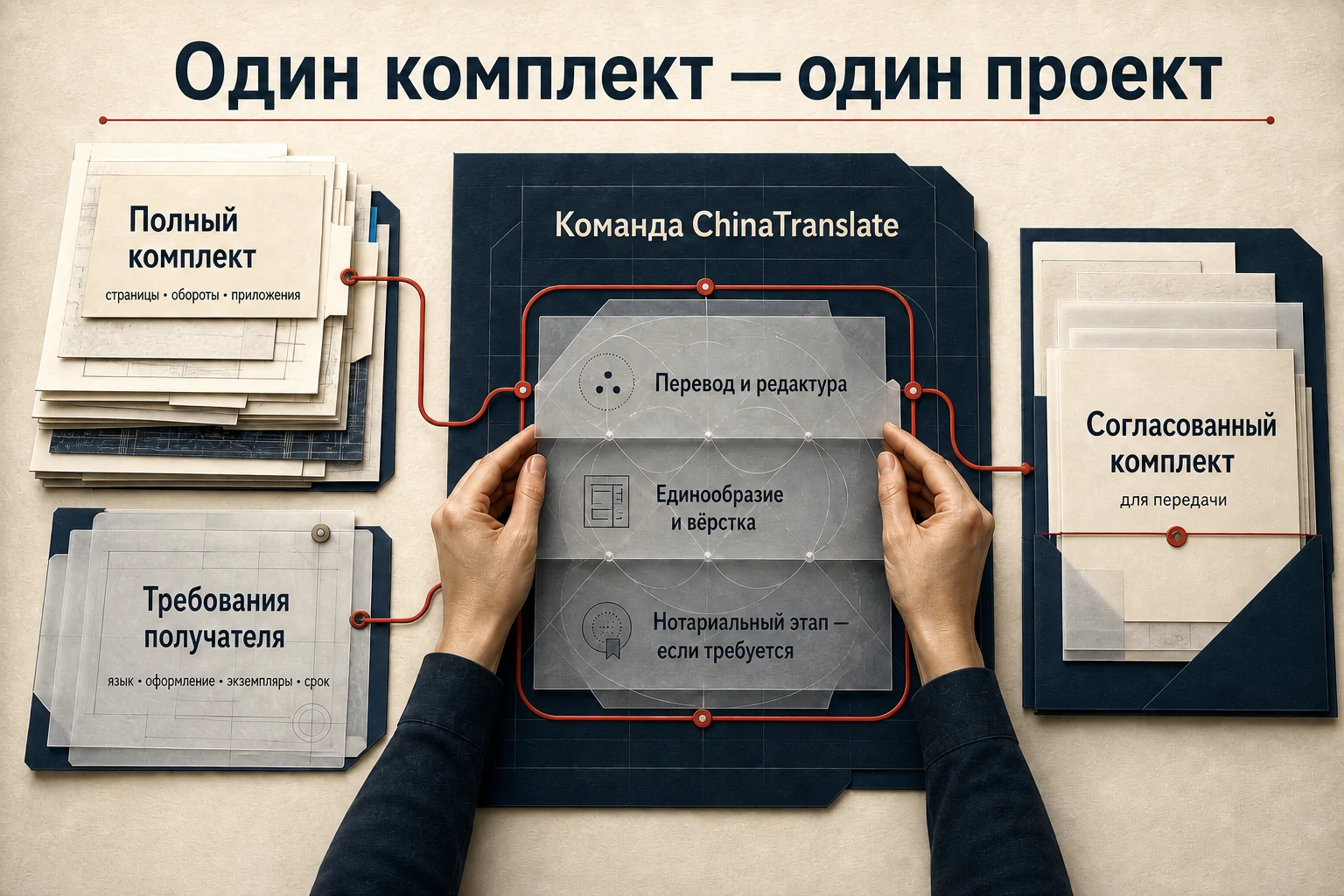 Схема: полный комплект и требования получателя проходят через команду ChinaTranslate к согласованному комплекту для передачи