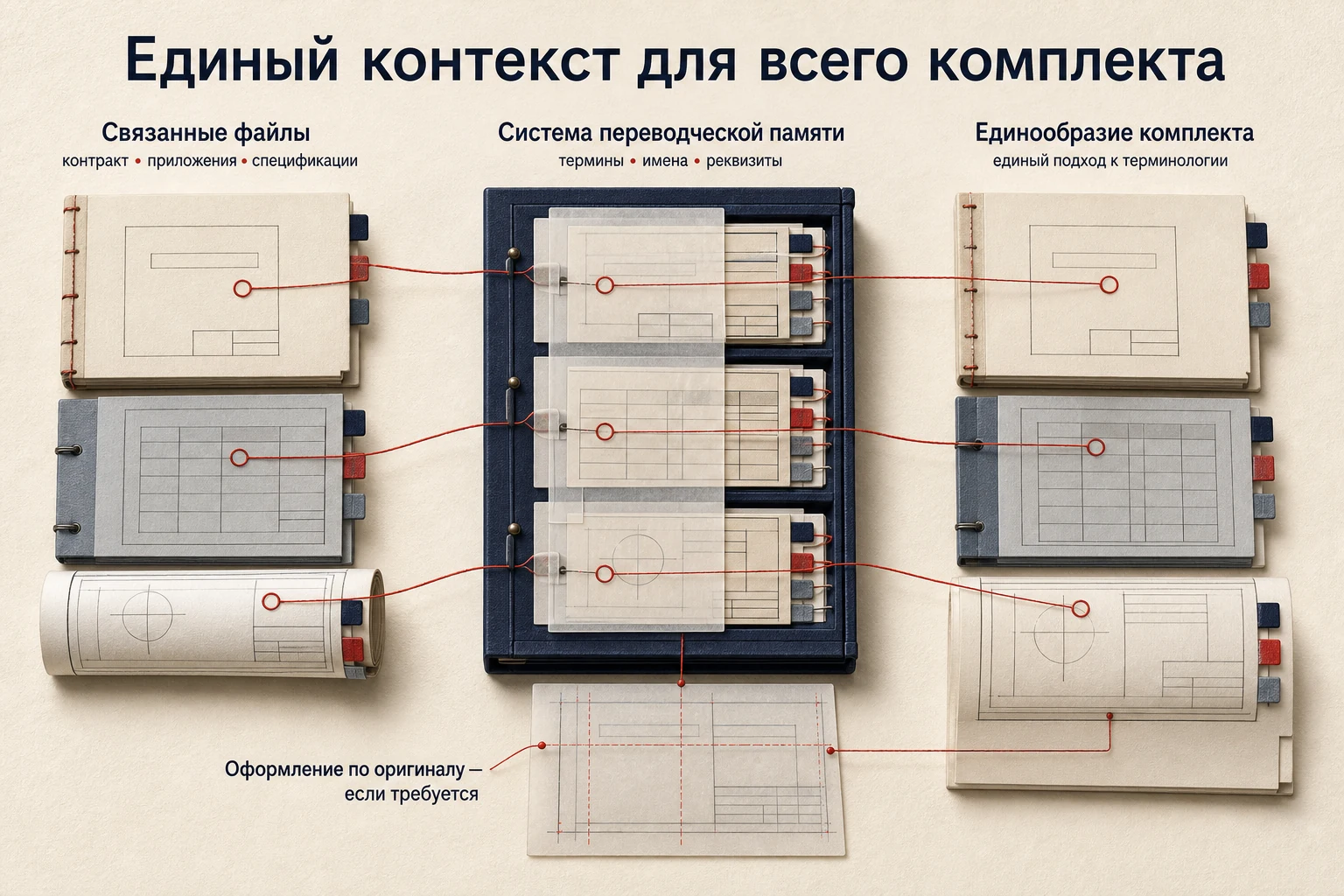 Схема связанных файлов, системы переводческой памяти, единообразия комплекта и оформления по оригиналу при необходимости